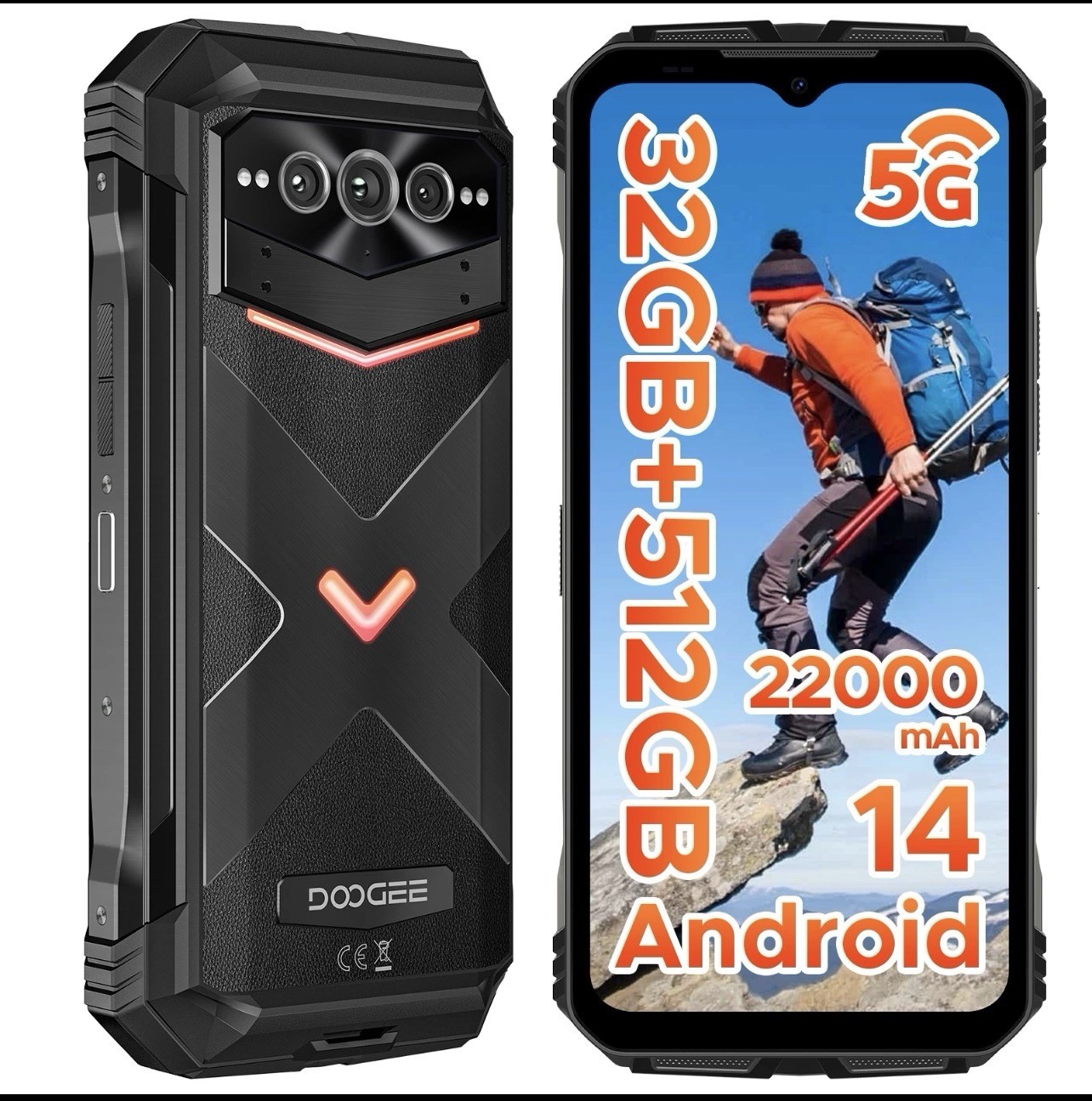 DOOGEE V Max Pro 5G Rugged Smartphone 22000mAh 32GB+512GB Android 14 108MP+20MP