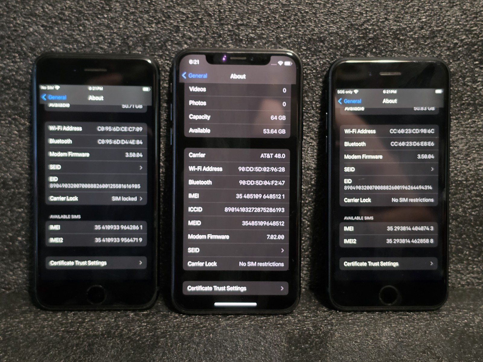Lot Of 3 Working Iphones. Iphone X And 2 Iphone SE All 64GB.