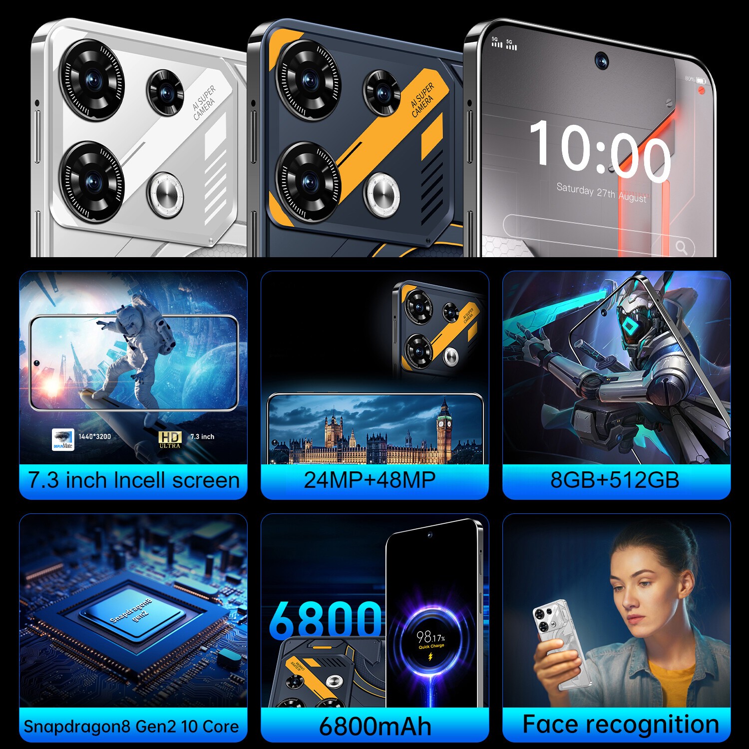 GT10 Pro Smartphone Android Factory Unlocked 6.8″ HD 8+512GB 6800mAh Dual SIM