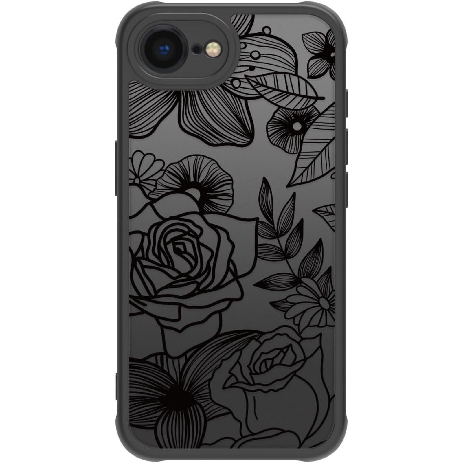 Cute Flower Phone Case for iPhone 16e, Black Line Art Floral Shockproof Cover