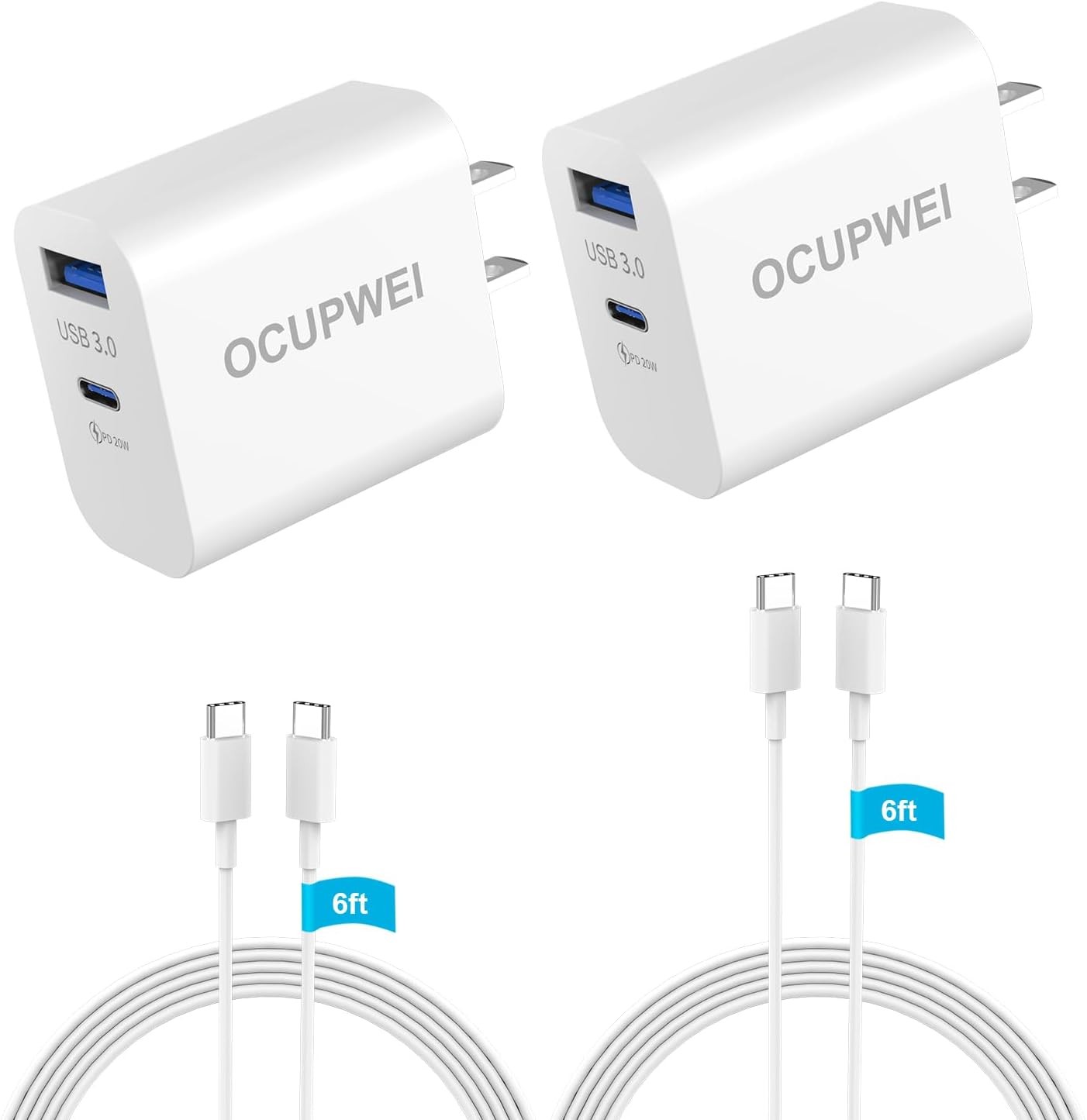 20W Dual Port USB-C Fast Wall Charger for iPhone 17/16 6ft Cable