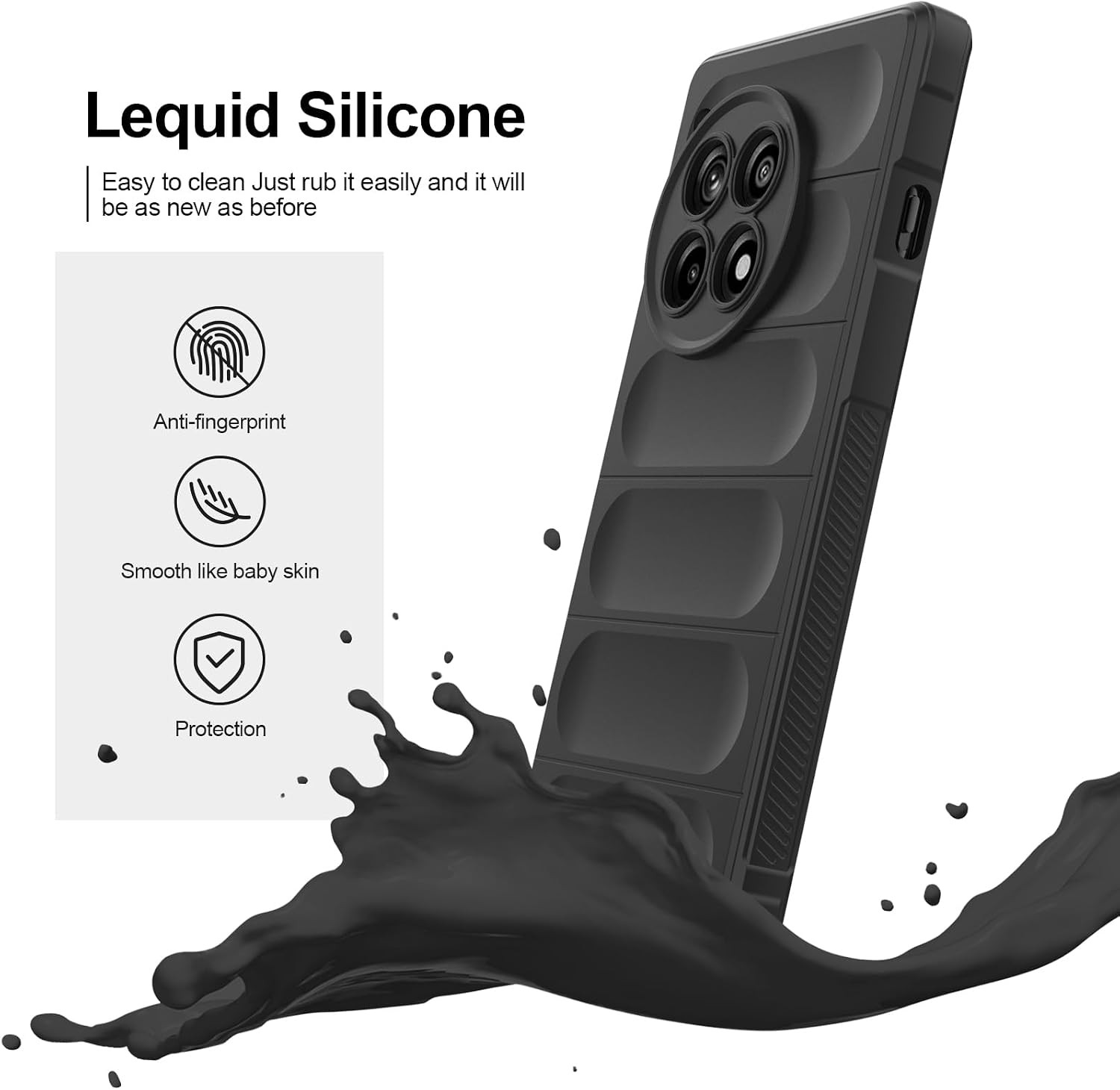 Silicone Case for OnePlus 12R, Shockproof with Camera Protection, Black