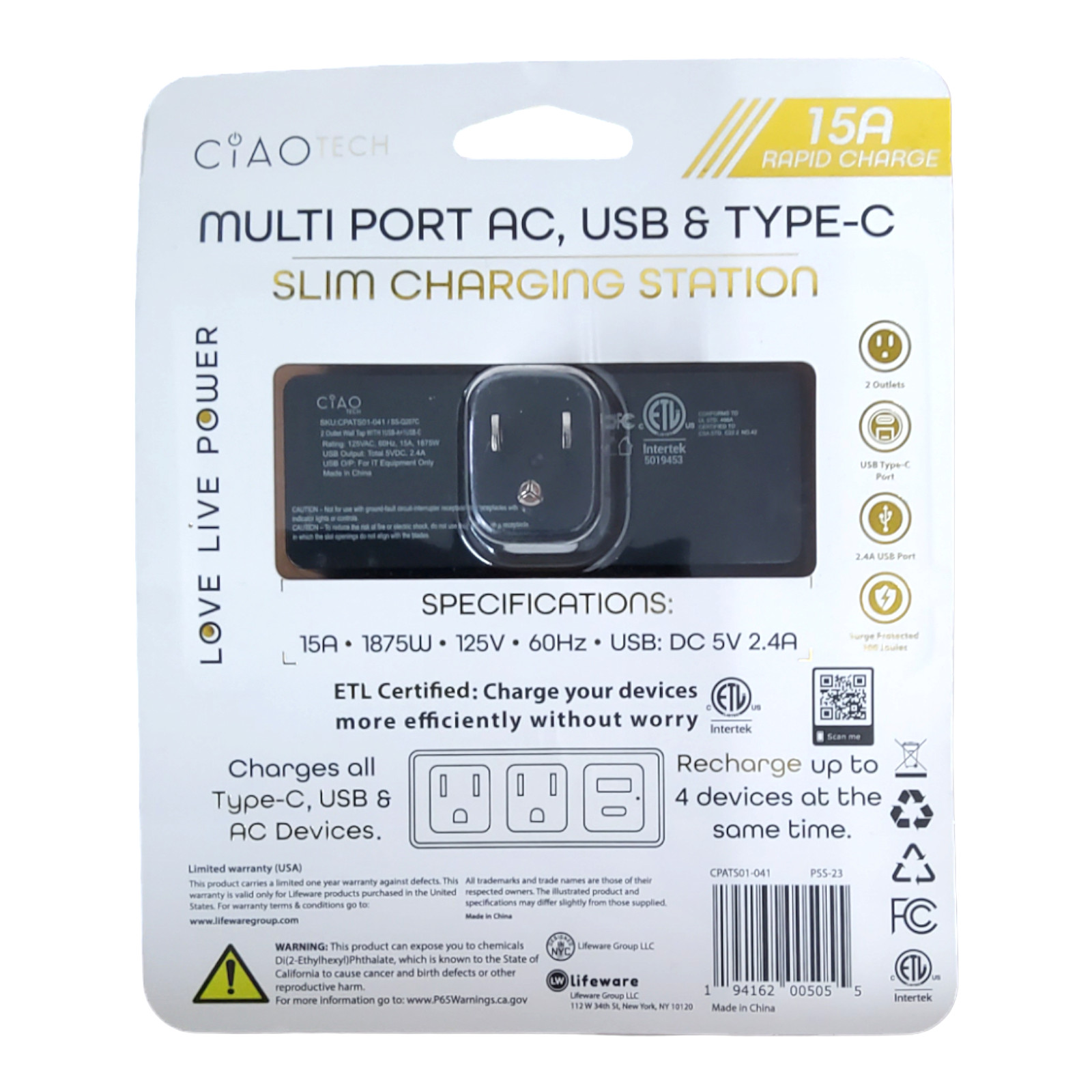 CIAO TECH Multi Port AC, USB & Type-C, 15A Rapid Charge Slim Charging Station