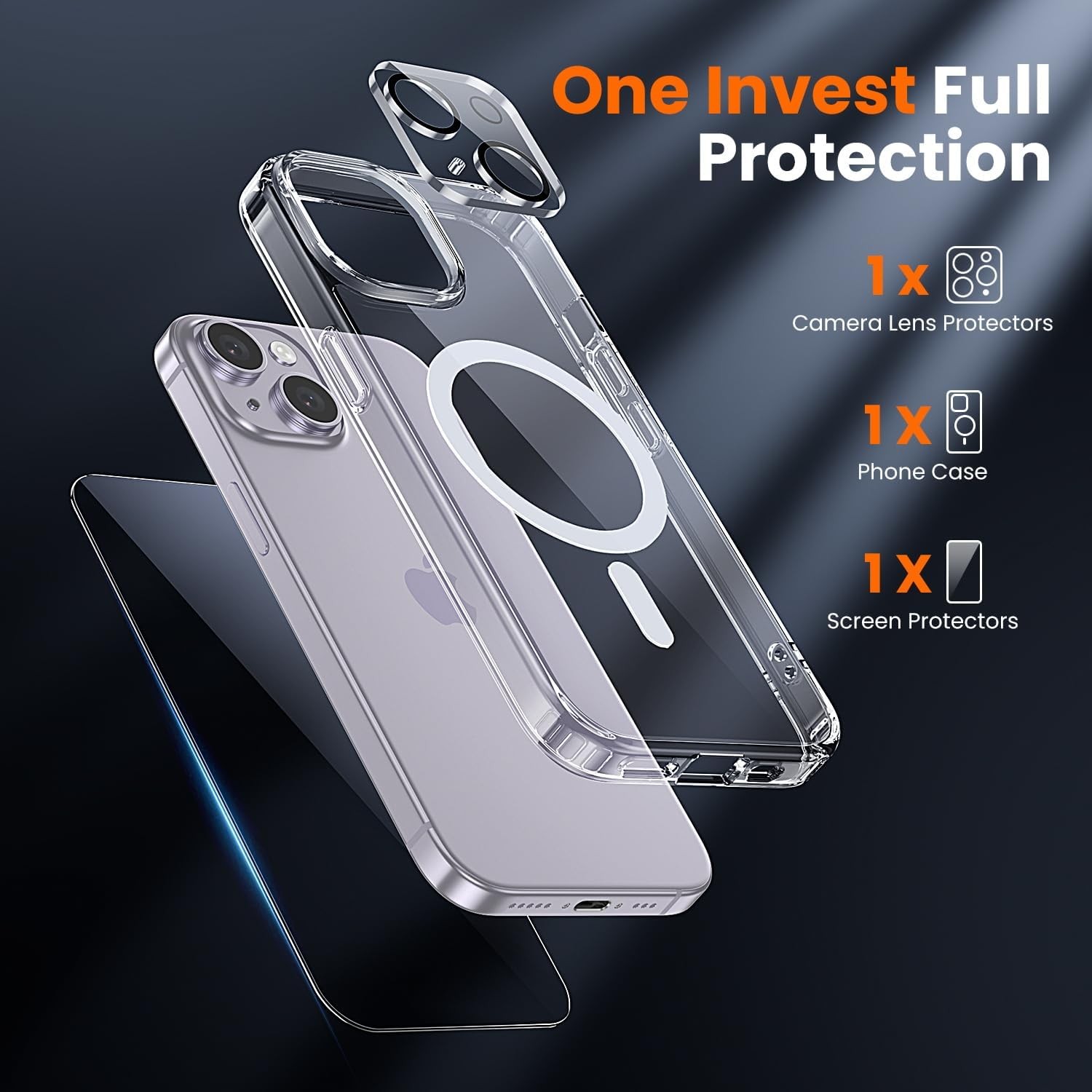 Clear 3 in 1 iPhone 14 Case with Screen Protector, Camera Lens Guard, No Yellowi