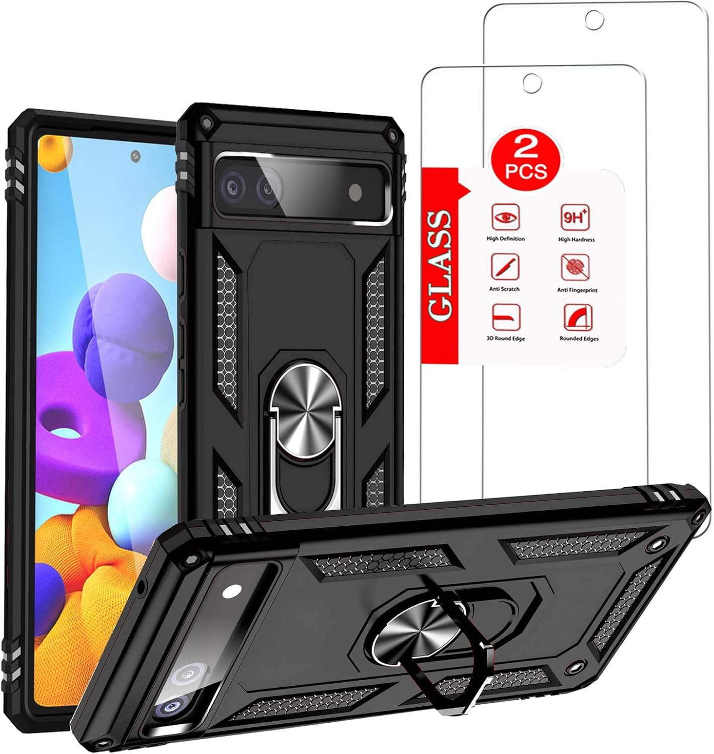 for Google Pixel 6a Case with [2 Pack] Tempered Glass Screen Protector, Heavy Du