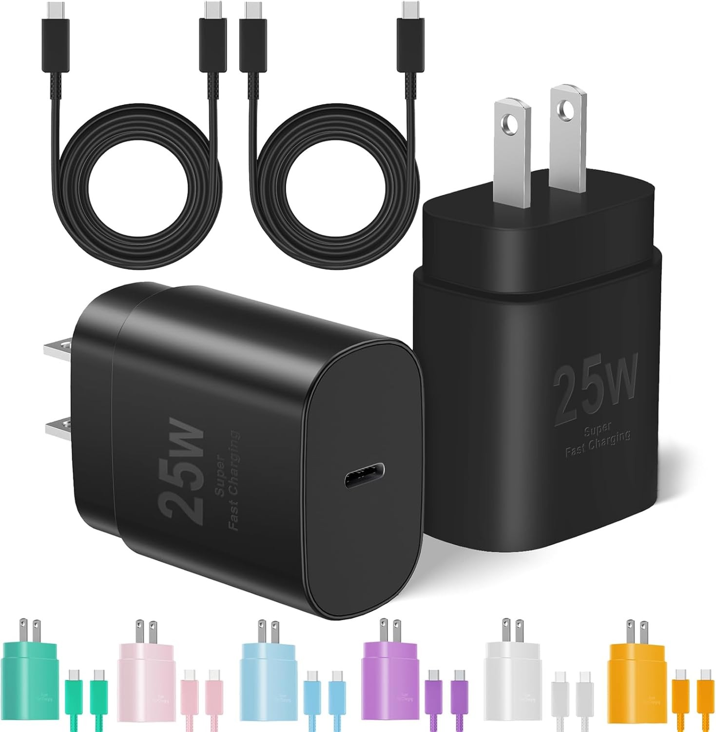 2 Pack 25W USB-C Fast Charger Block for Galaxy S25/S24, iPhone 15/16/17 10FT&6FT