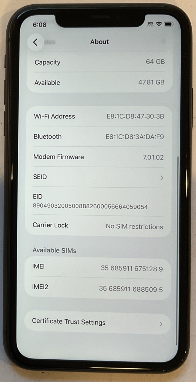 TESTED USED GSM UNLOCKED iPhone 11, 64GB A2111 MHC43LL/A IOS 26.3.1, 87% BATTERY