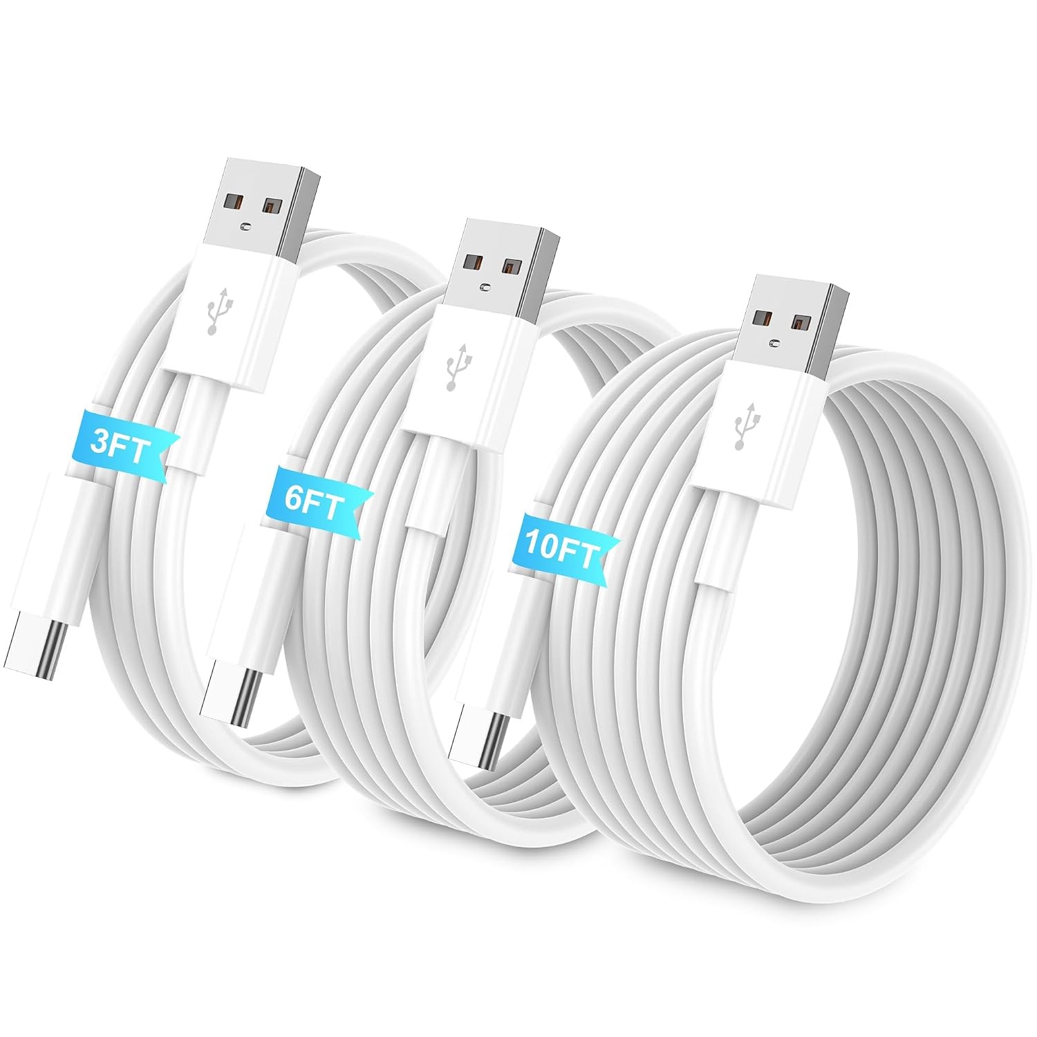 USB A to USB C Fast Charging Cable 3-Pack [3FT, 6FT, 10FT] for iPhone 15 16 17