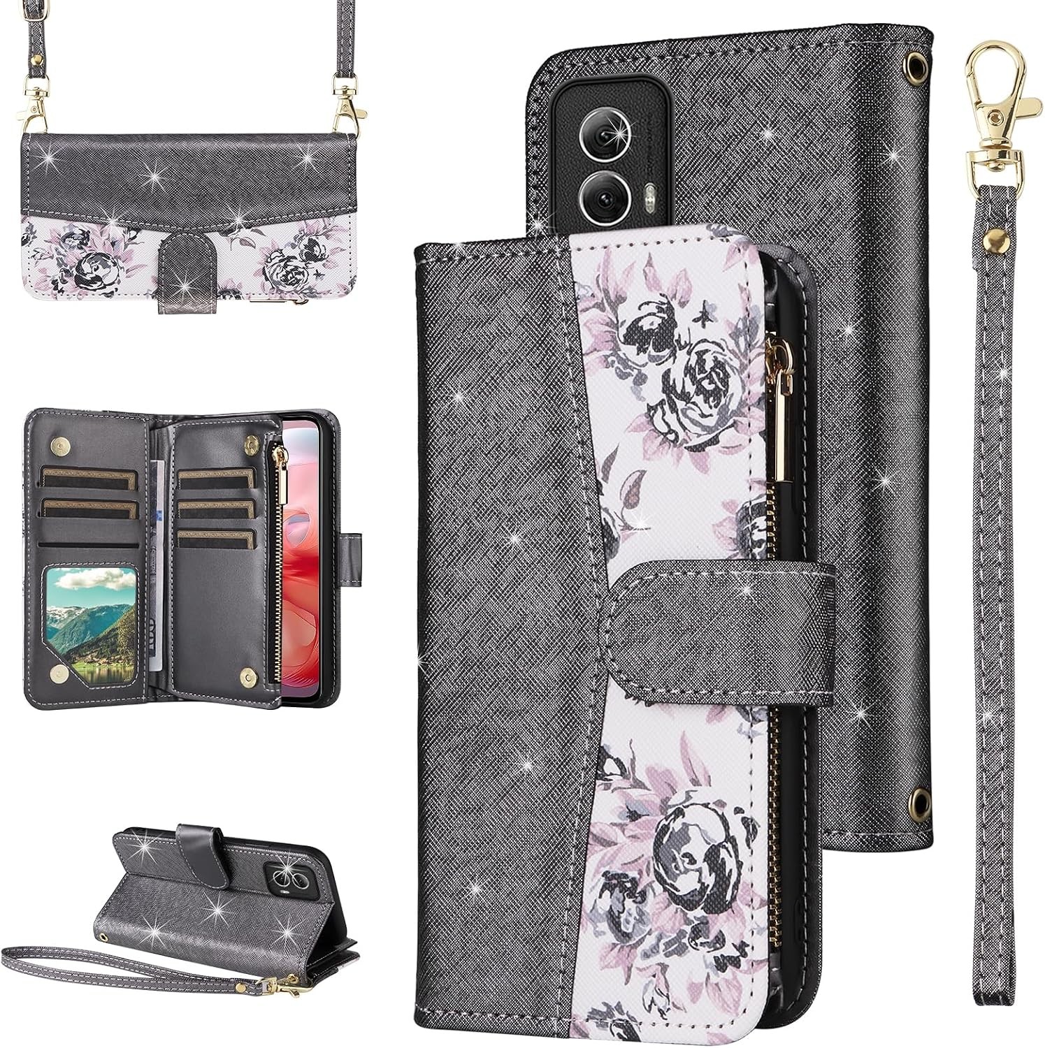 Motorola Moto G Power 5G 2024 Floral Wallet Case with Flip Zipper Purse Strap