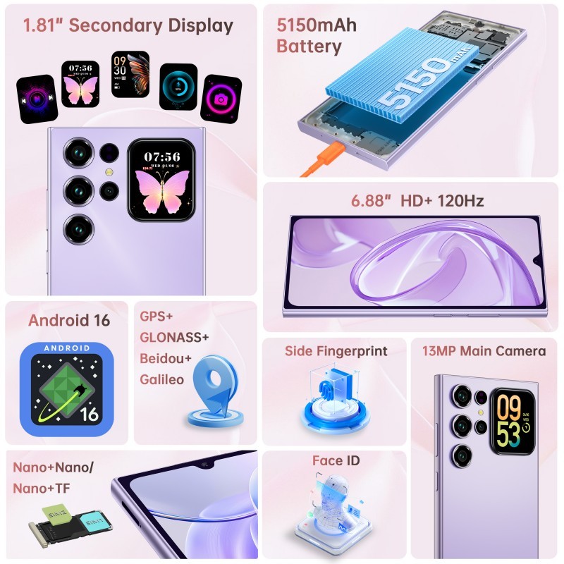 OUKITEL C62 Cell Smartphone Android 15 16GB+128GB 6.88″+1.81-inch T-Mobile