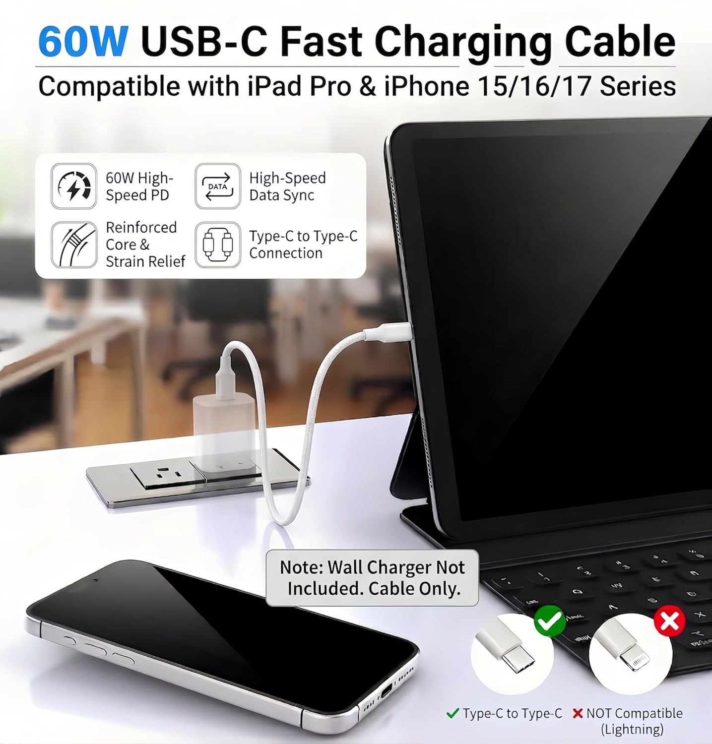4-Pack 60W USB-C Fast Charger for iPhone 17, 17 Pro, 17 Pro Max, 6ft, 10ft