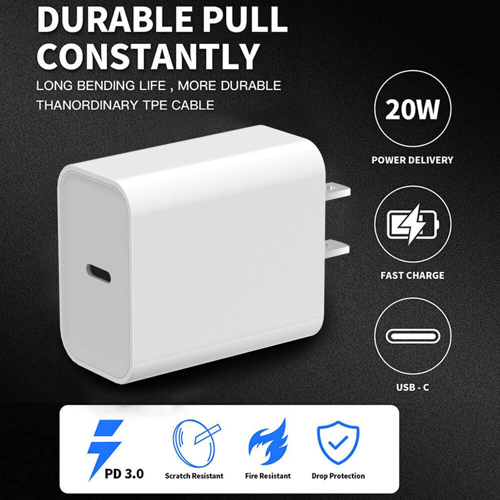 20W PD Super Fast Charger Wall Adapter USB-C Charging Cord For iPhone X 12 13 14
