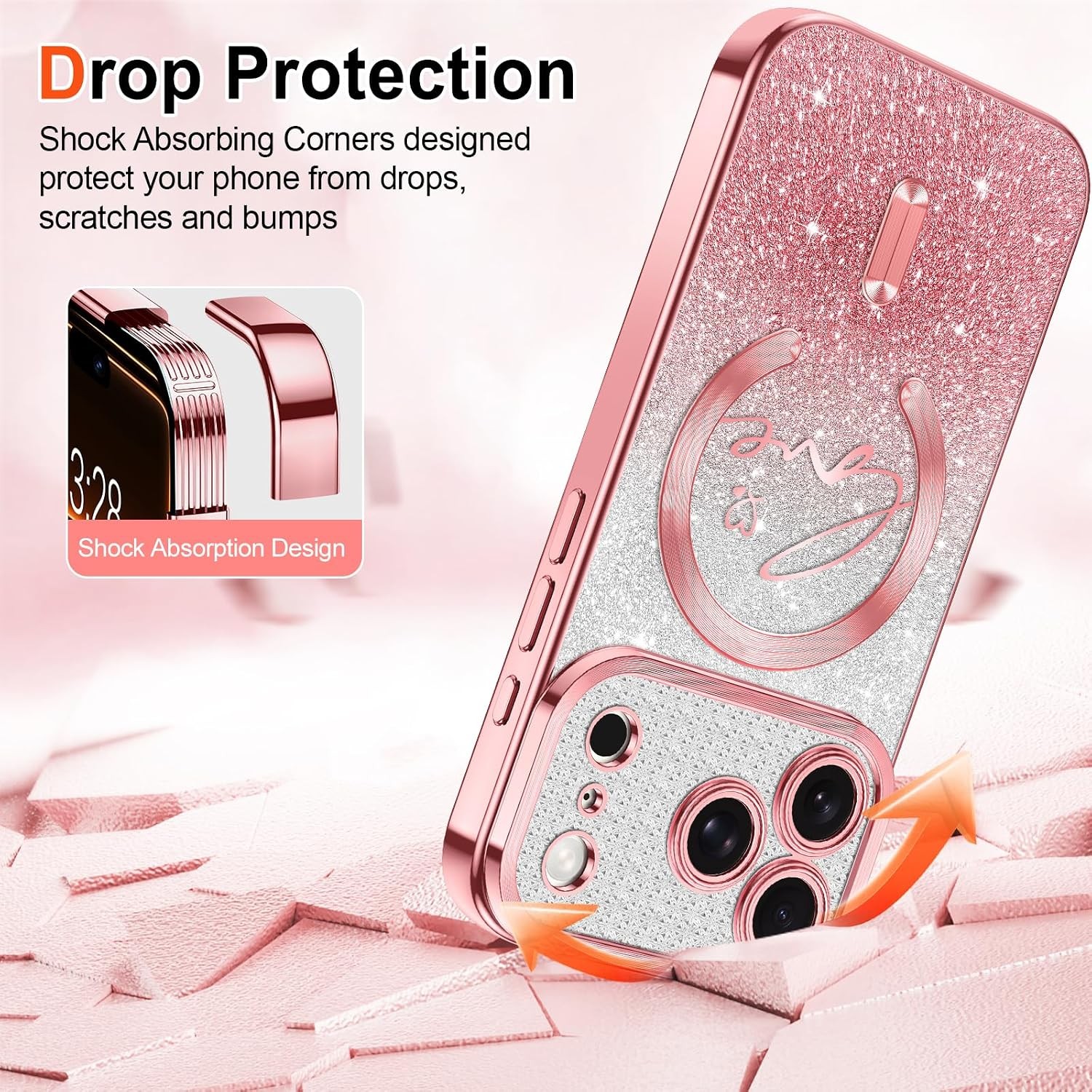 iPhone 17 Pro Case Glitter Love Heart Magnetic Clear Phone Cases for Women Girls