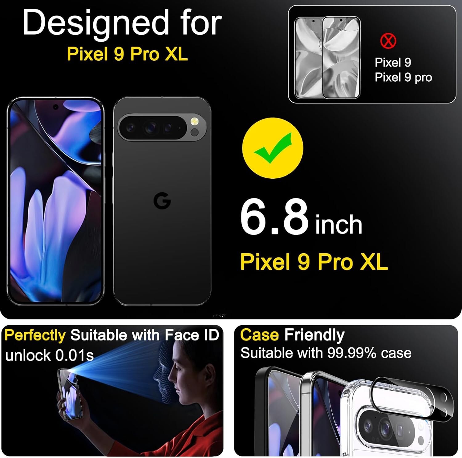 4in1 for Google Pixel 9 pro XL Tempered Glass 3 Screen Protector + 3 Camera Lens