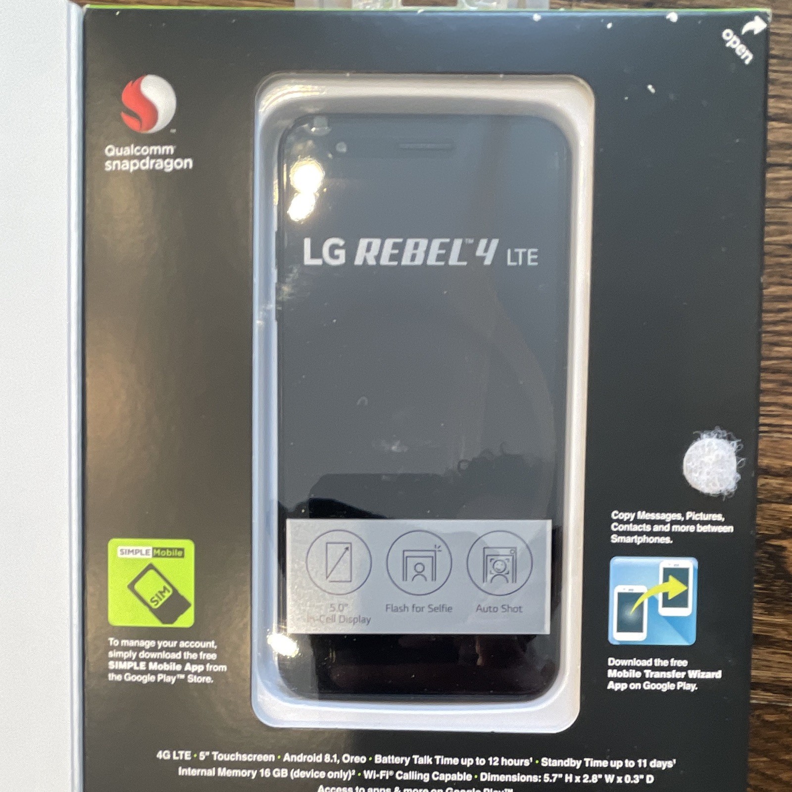 LG Rebel 4 LTE Simple Mobile 16GB Black 5in 8MP Android 8.1 4G