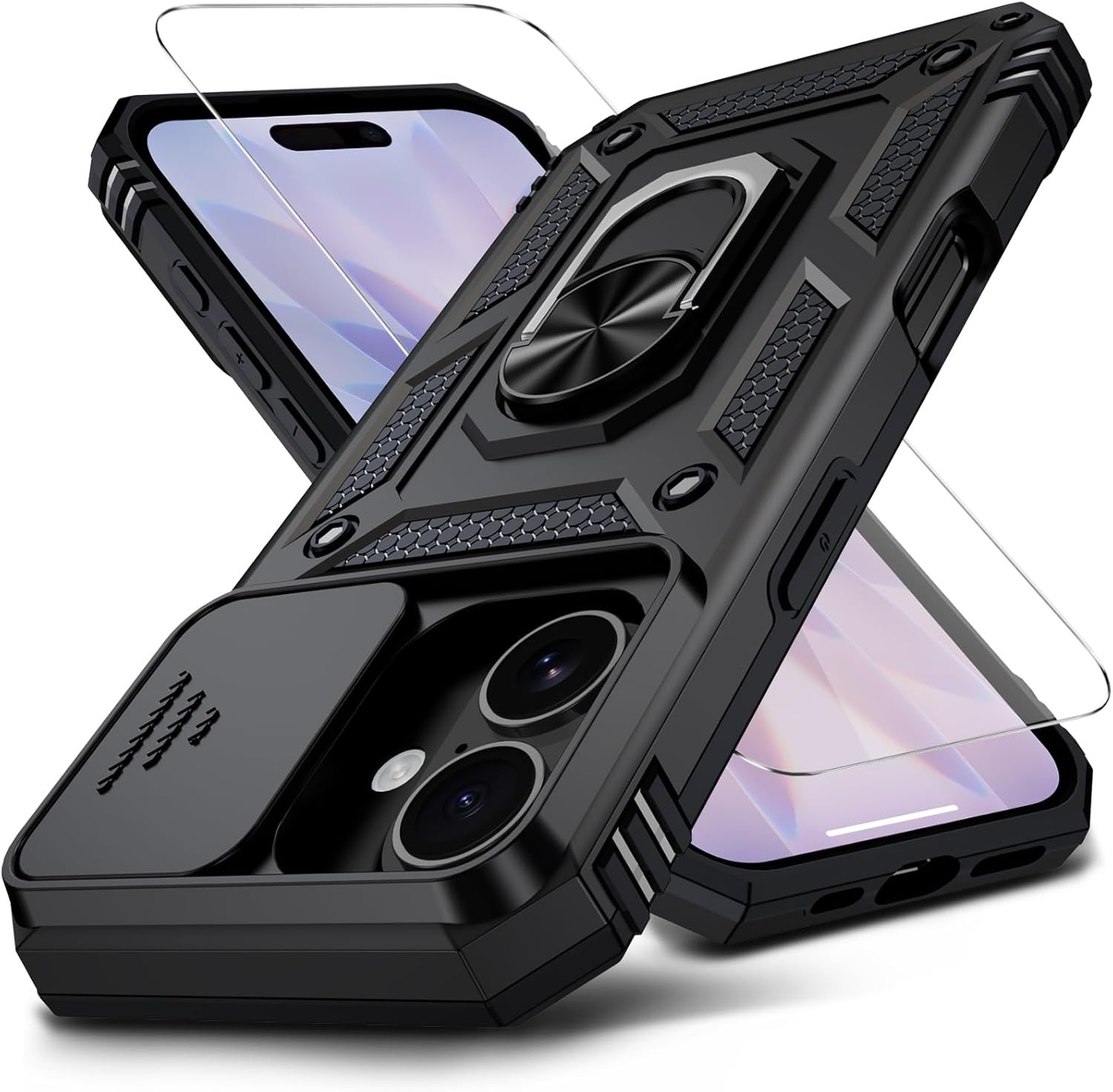 iPhone 17 Case with HD Screen Protector & Slide Camera Cover & Kickstand, Black
