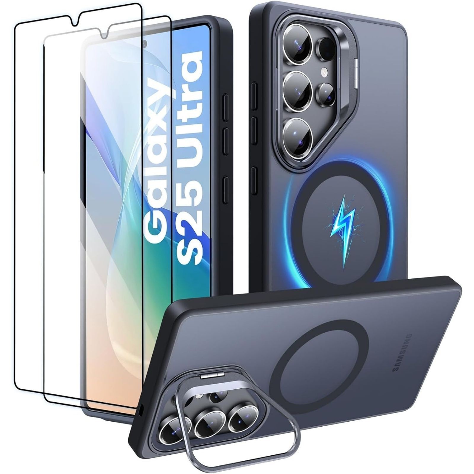 Magnetic Case for Samsung Galaxy S25 Ultra with Stand – 2 HD Protectors, Black