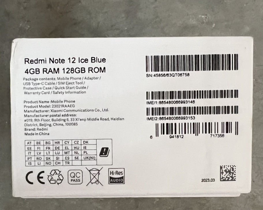 Xiaomi Redmi Note 12 4G LTE Ice Blue – 4GB RAM – 128gb ROM – Unlocked – NEW