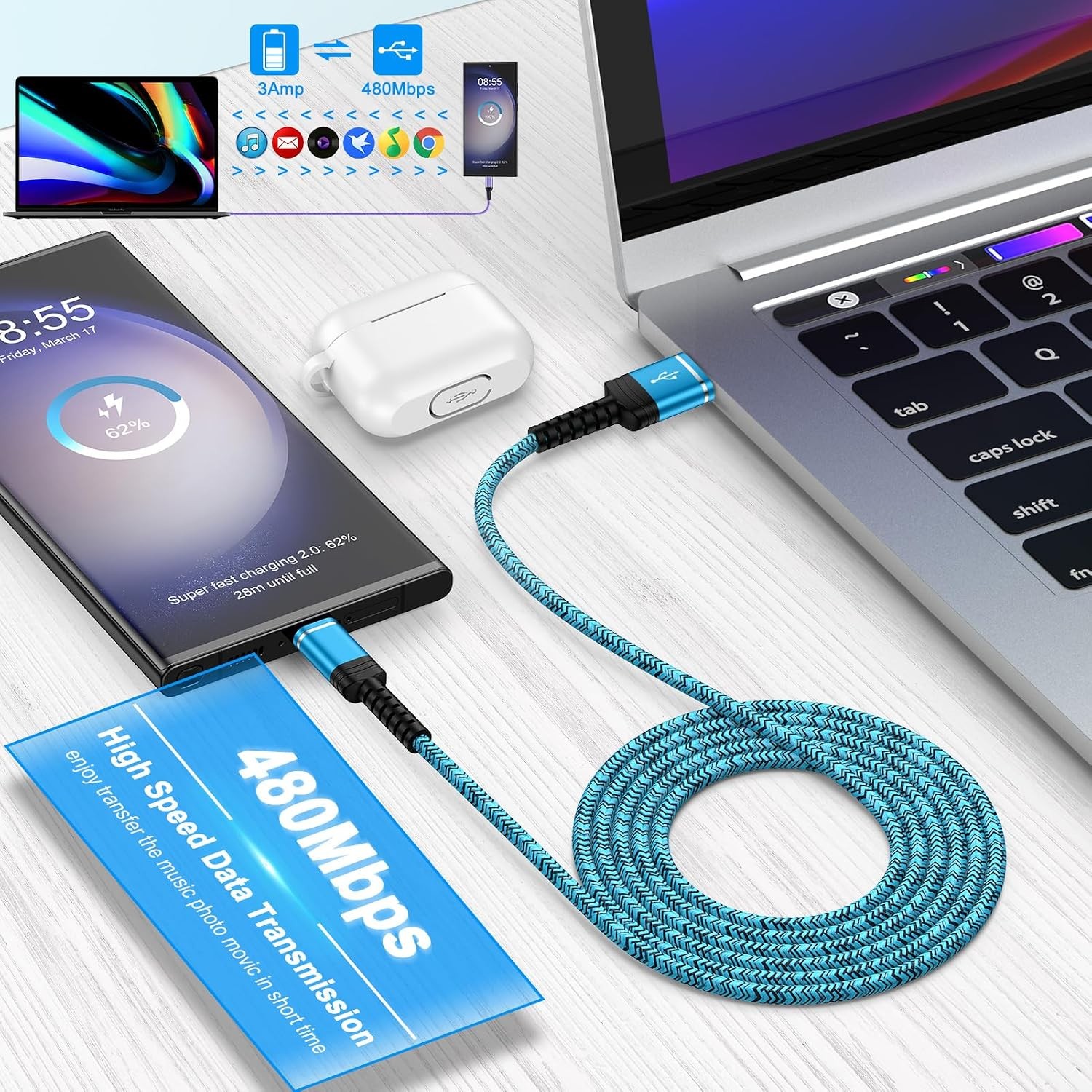 3ft USB-C Charger Cord 3-Pack 3.1A Fast Charging for Samsung Galaxy S26 S25 S24