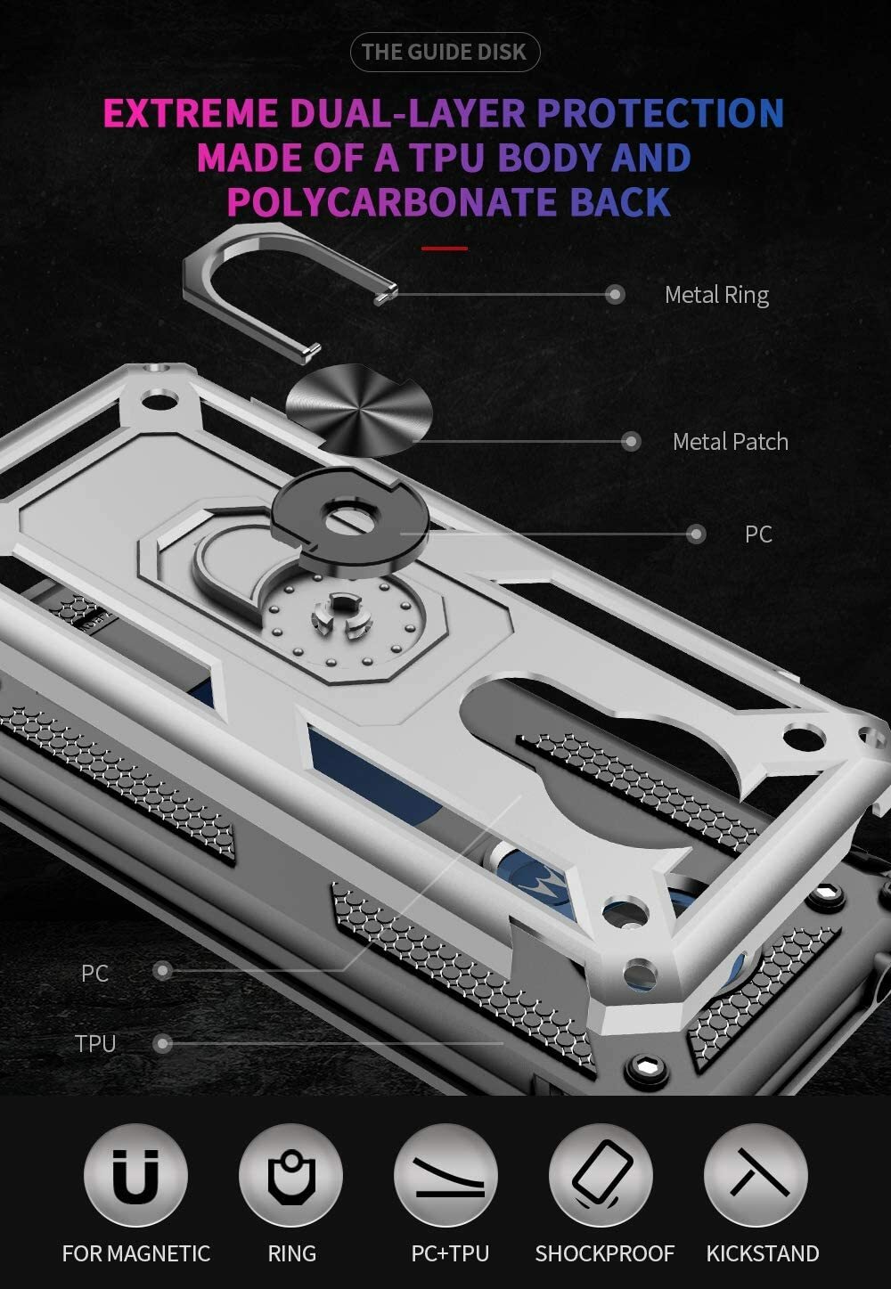 For Motorola Moto G7 Power Case 360 Metal Rotating Ring Kickstand Cover Silver