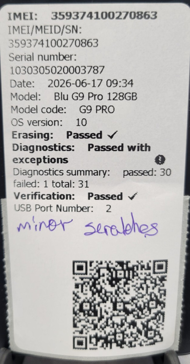Blu G9 Pro 128GB – OS: 10 – MINOR SCREEN SCRATCHES/GPS TEST FAILED – SEE DESC