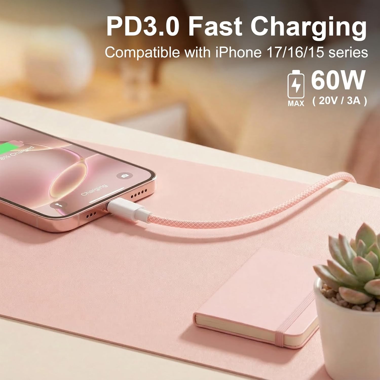 USB C to C Charger Cable 60W Fast Charging Braided Nylon Type C Cord 6FT 2-Pack