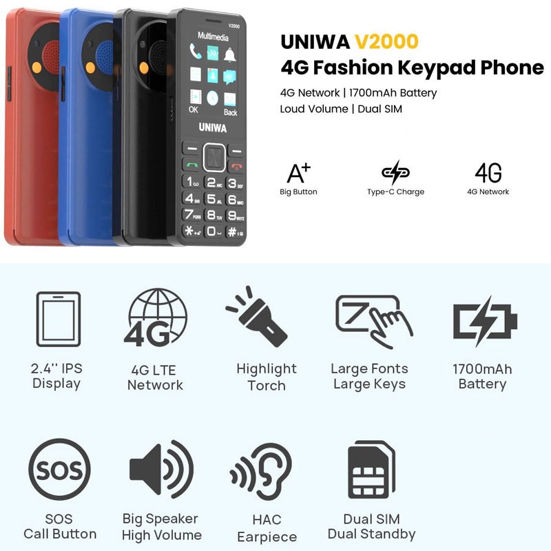 2.4″ 4G LTE Mobile Dual SIM Big Button Phone SOS Keyboard Unlocked UNIWA V2000