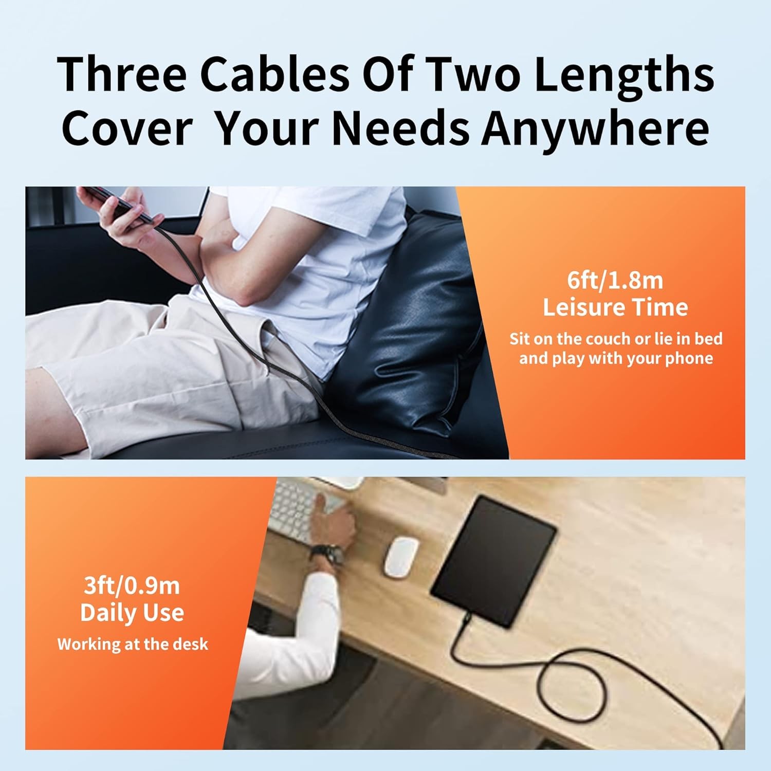 USB-C Cable 3-Pack (3ft/6ft/6ft), USB A to USB-C Fast Charging Cord, Nylon Braid