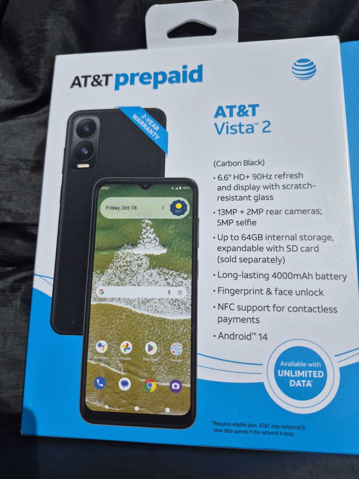 2 × AT&T Vista 2, 6.6”HD+/64GB/13MP/4000mAh/NFC Carbon Black Prepaid Phone