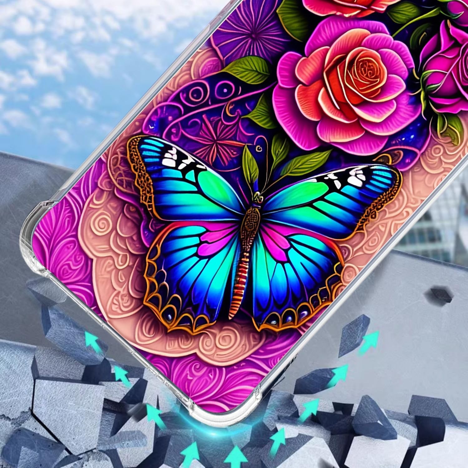 Case for Moto G Power 5G 2024, Blue Butterfly Flowers Rose Shockproof Protective