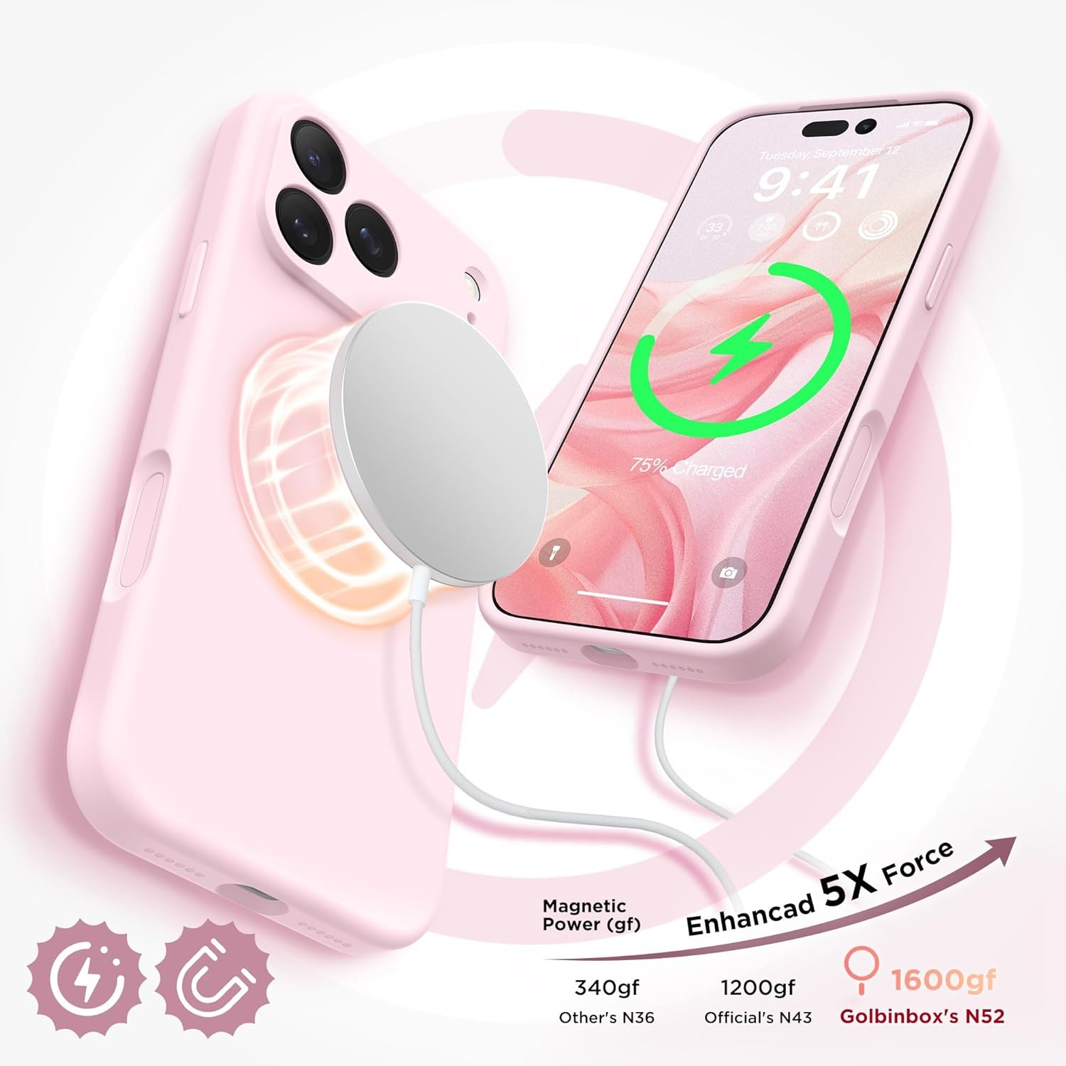 Chalk Pink Silicone Shockproof Phone Cover Case for iPhone 17 Pro Max, Magnetic