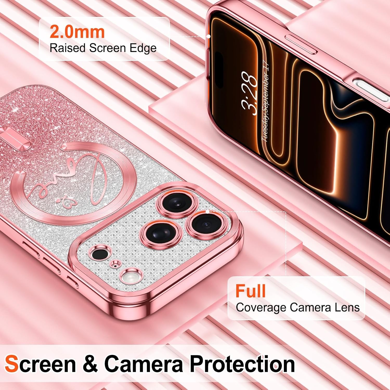 iPhone 17 Pro Case Glitter Love Heart Magnetic Clear Phone Cases for Women Girls