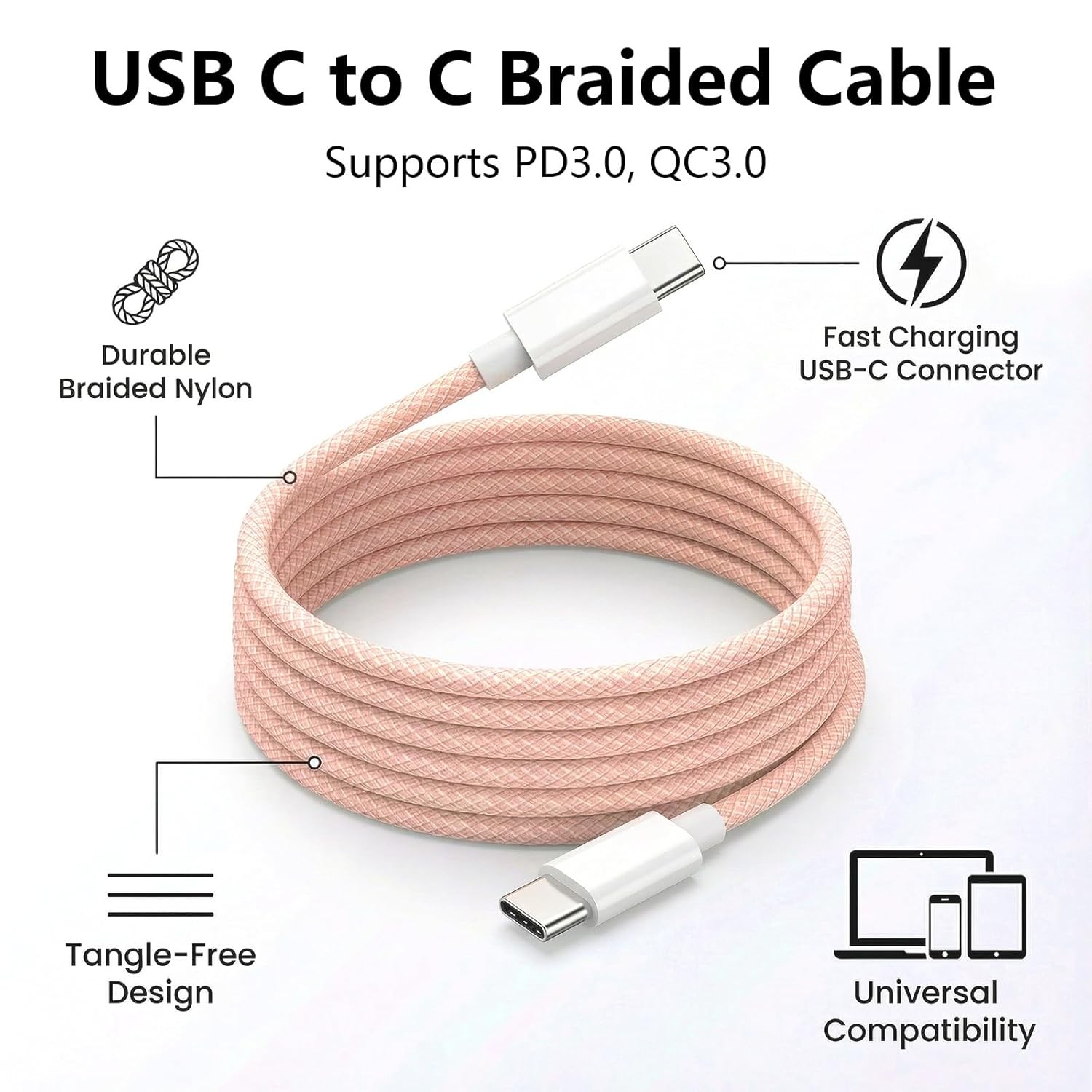 USB C to C Charger Cable 60W Fast Charging Braided Nylon Type C Cord 6FT 2-Pack