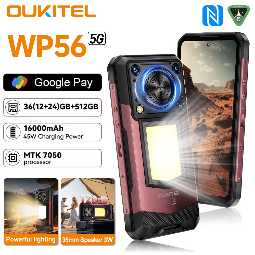 OUKITEL WP56 Rugged Smartphone 5G 36GB+512GB 16000mAh 128dB Speaker 1000LM Light