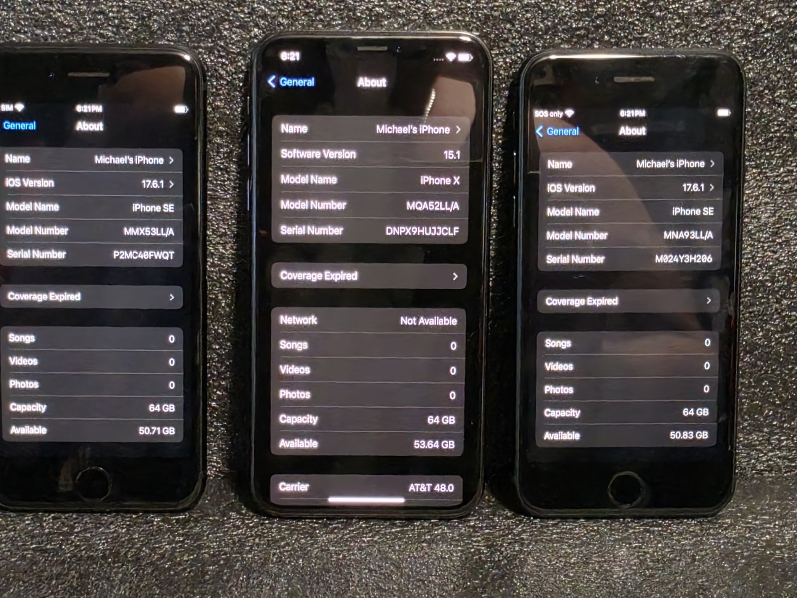 Lot Of 3 Working Iphones. Iphone X And 2 Iphone SE All 64GB.