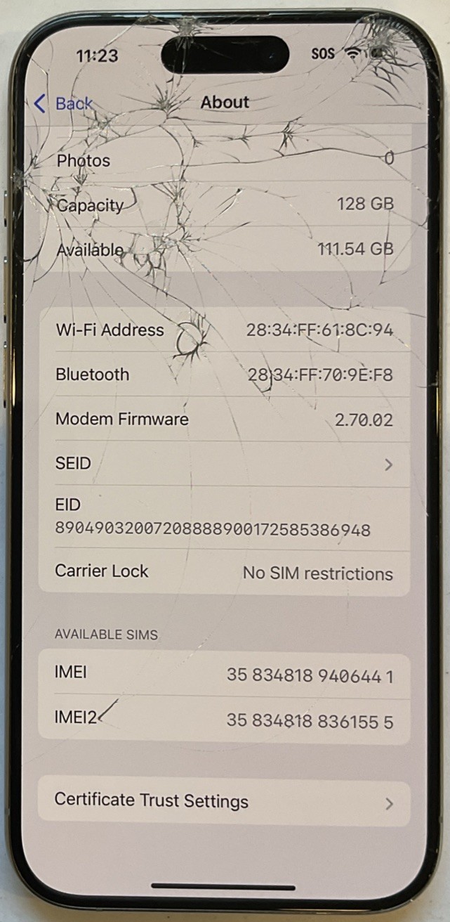 CRACKED DIGITIZER, GSM UNLOCKED iPhone 15 PRO, 128GB A2848 MTQP3LL/A FOR REPAIR