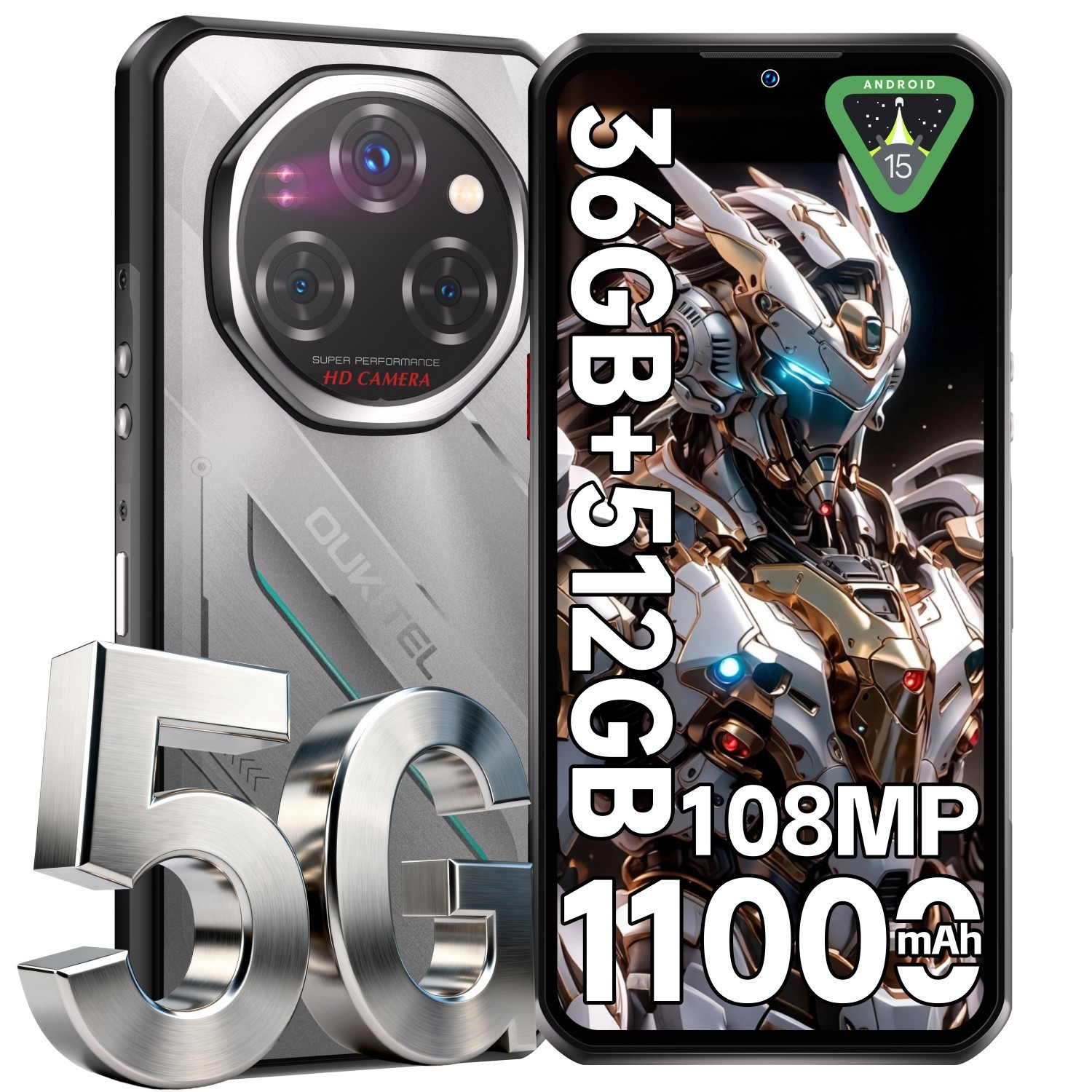 OUKITEL WP62 Rugged Smartphone 5G 36(12+24)GB+512GB/2TB 108MP 11000mAh Silver