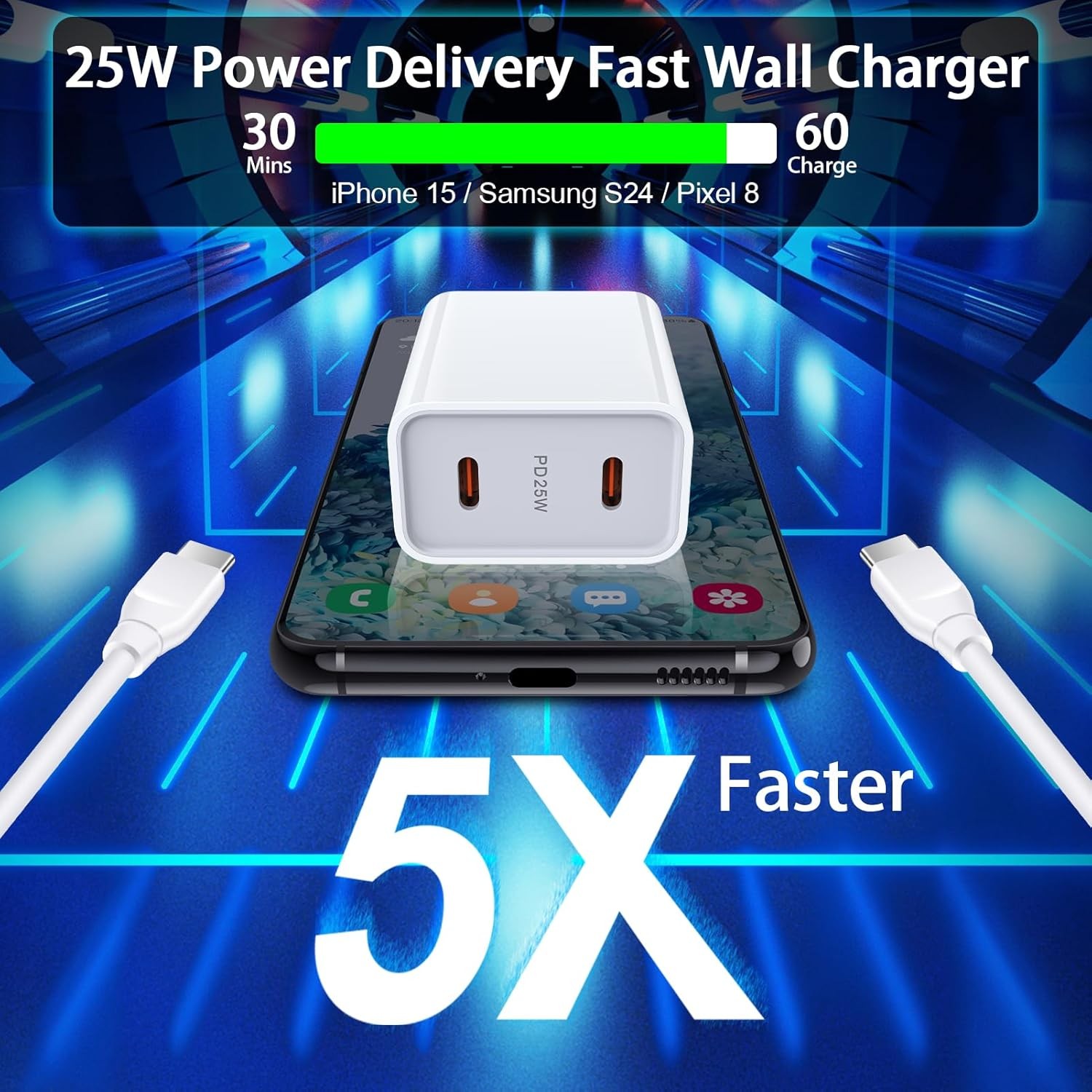 25W USB-C Fast Wall Charger 2-Pack with 6FT Cable for Samsung Galaxy A15 A16 A17