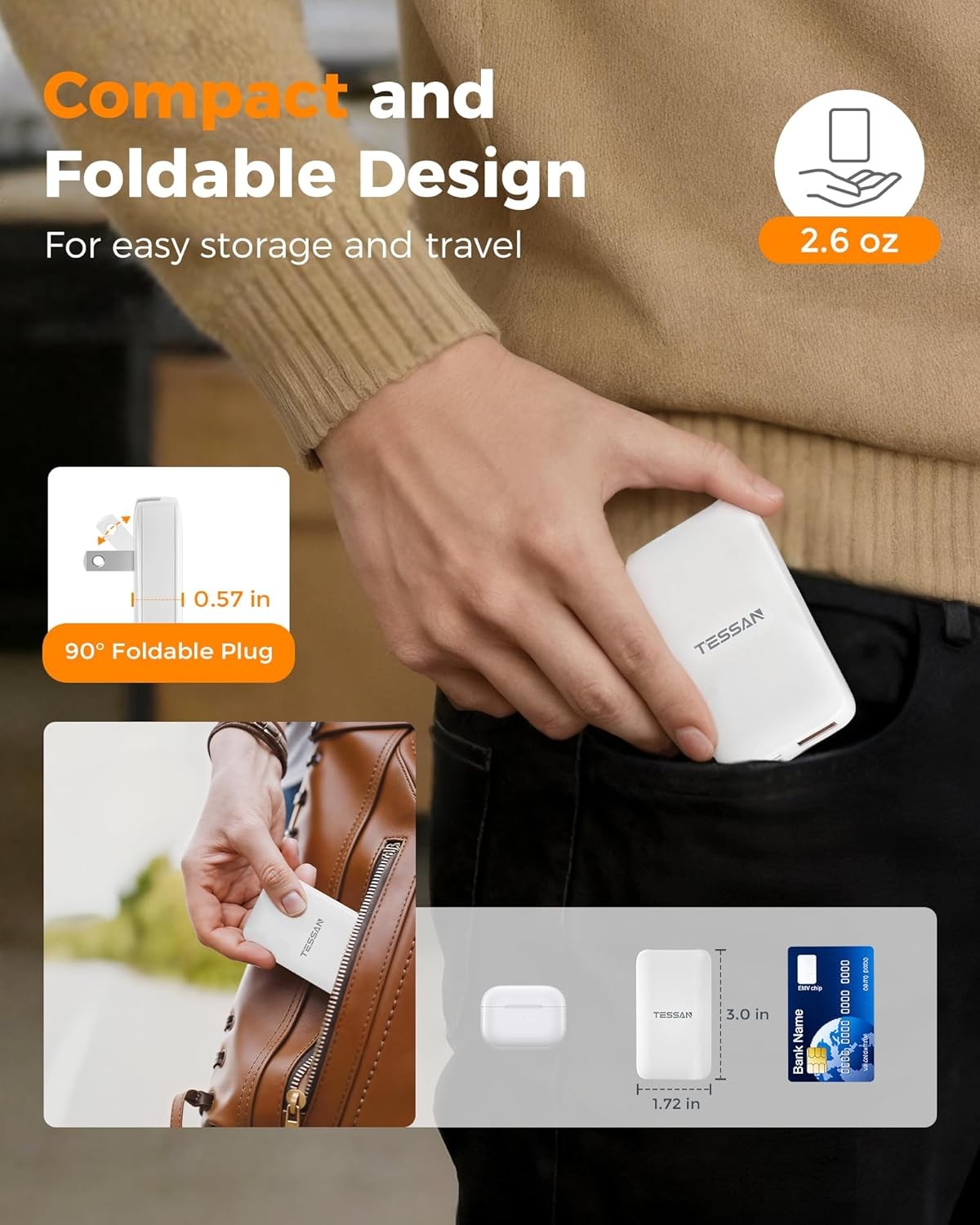 Flat Wall Charger USB C PD 65W, Foldable USB Wall Plug, Fast Charging Block, Tra