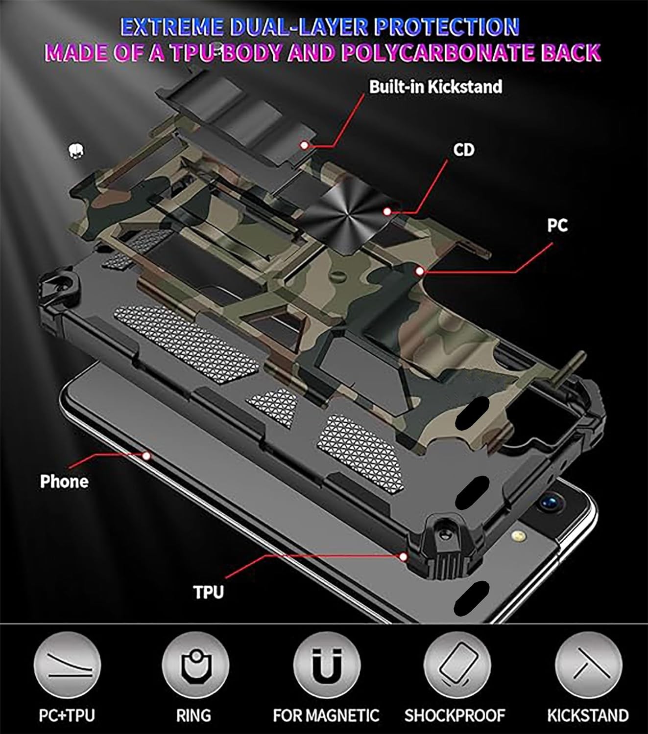 Samsung Galaxy A06 Camo Case with Kickstand, Heavy Duty Shockproof Protective Ca