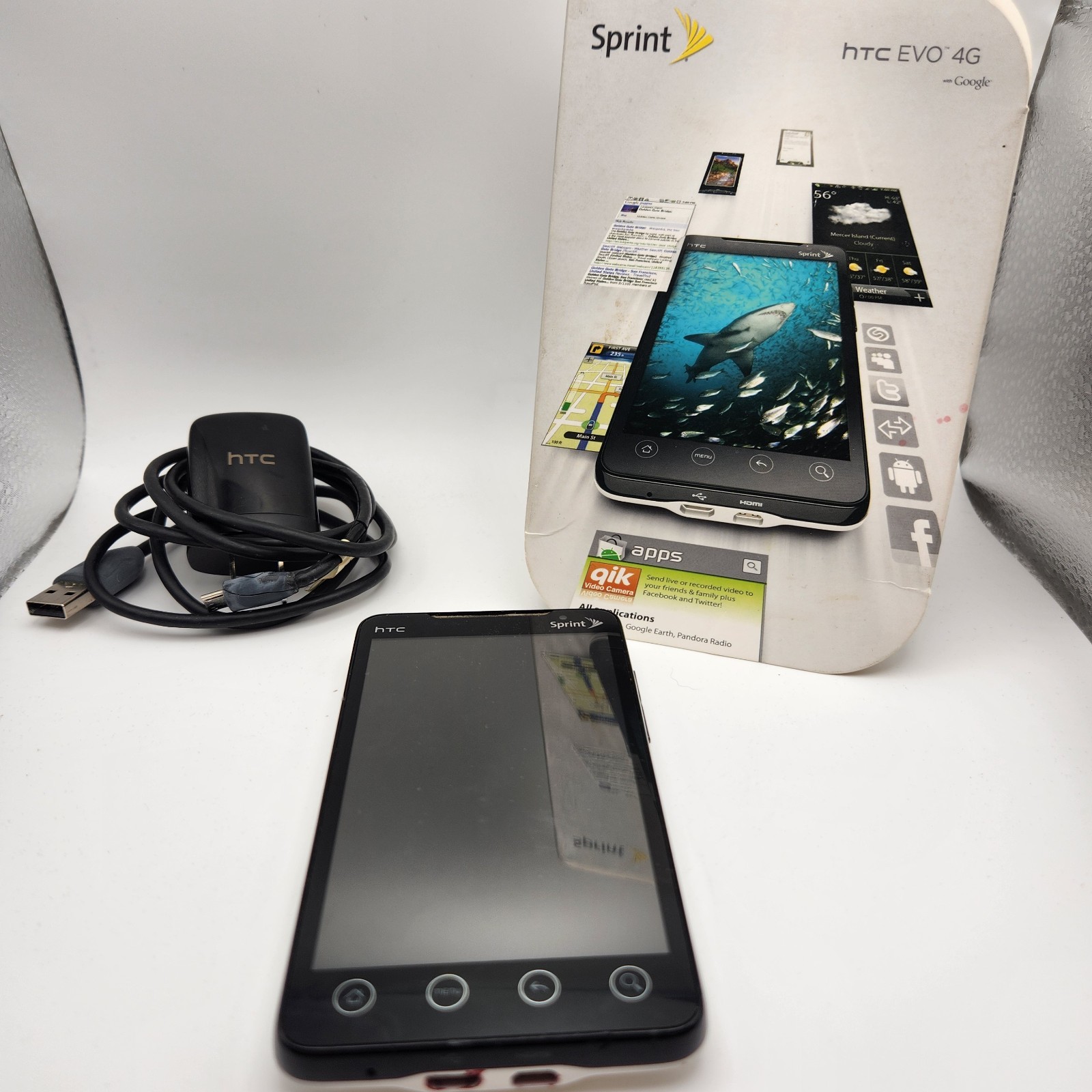 HTC Evo 4G – White (Sprint) Tested Works With All Paper Work And Box No SD Card