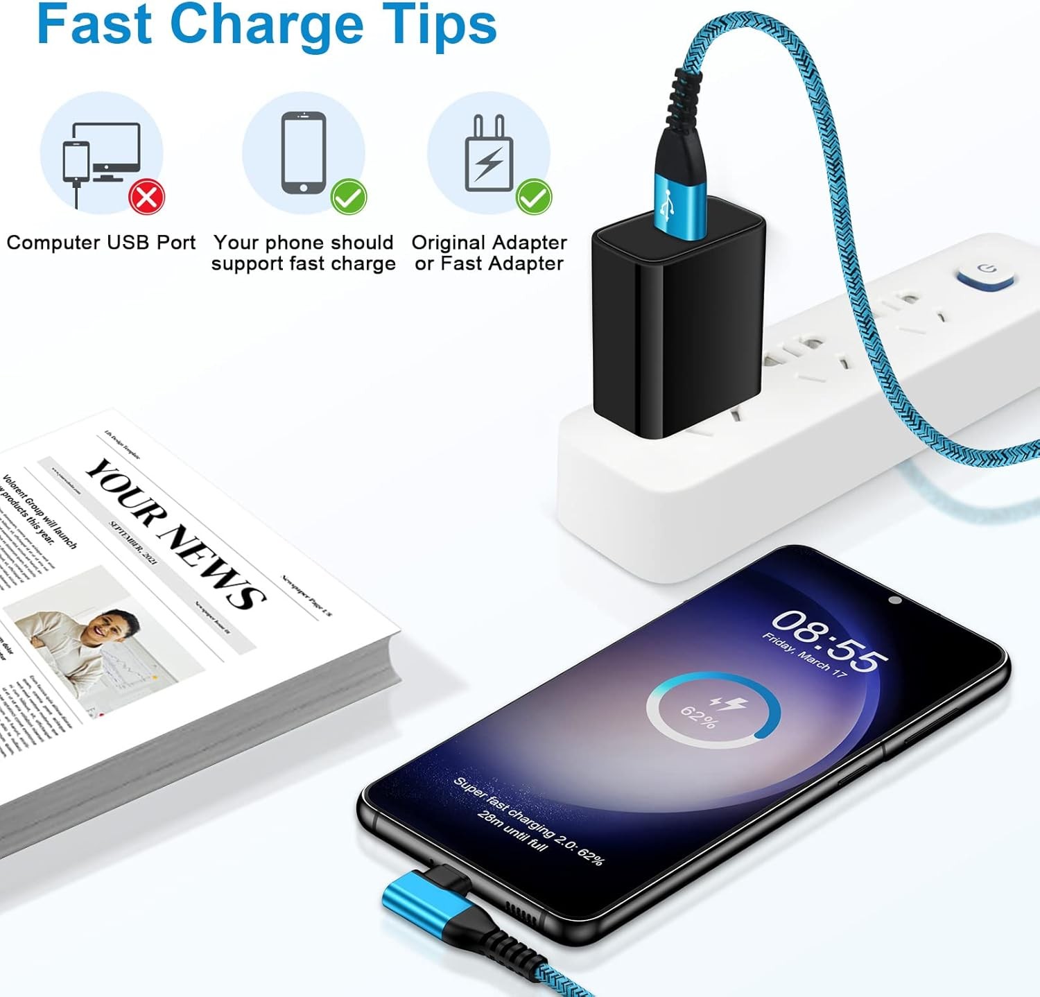 6ft USB-C Fast Charger Adapter 2-Pack for Samsung Galaxy S26 Ultra, Pixel 10