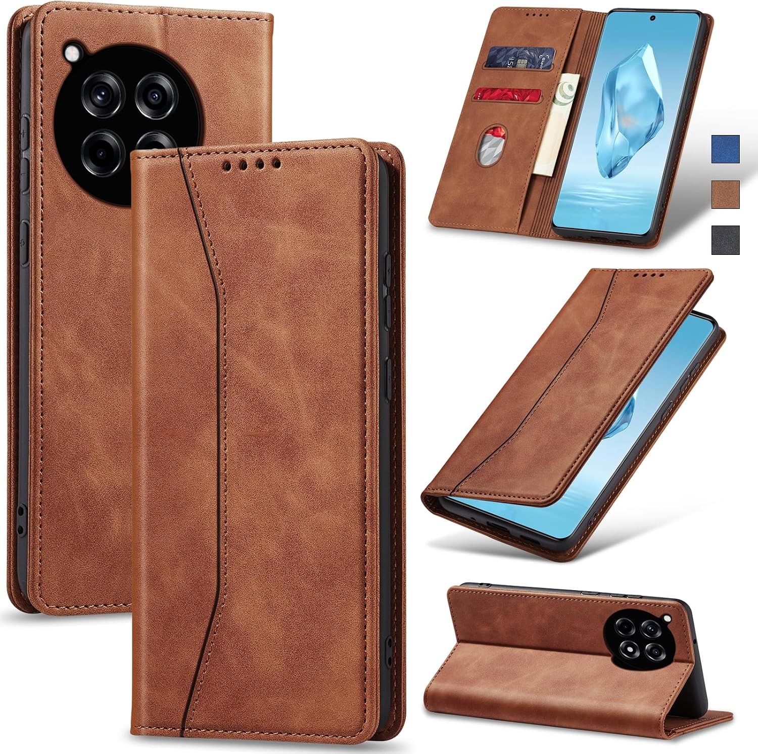 Flip Wallet Case for OnePlus 12R, Leather Magnetic Folio Cover with Card Holder
