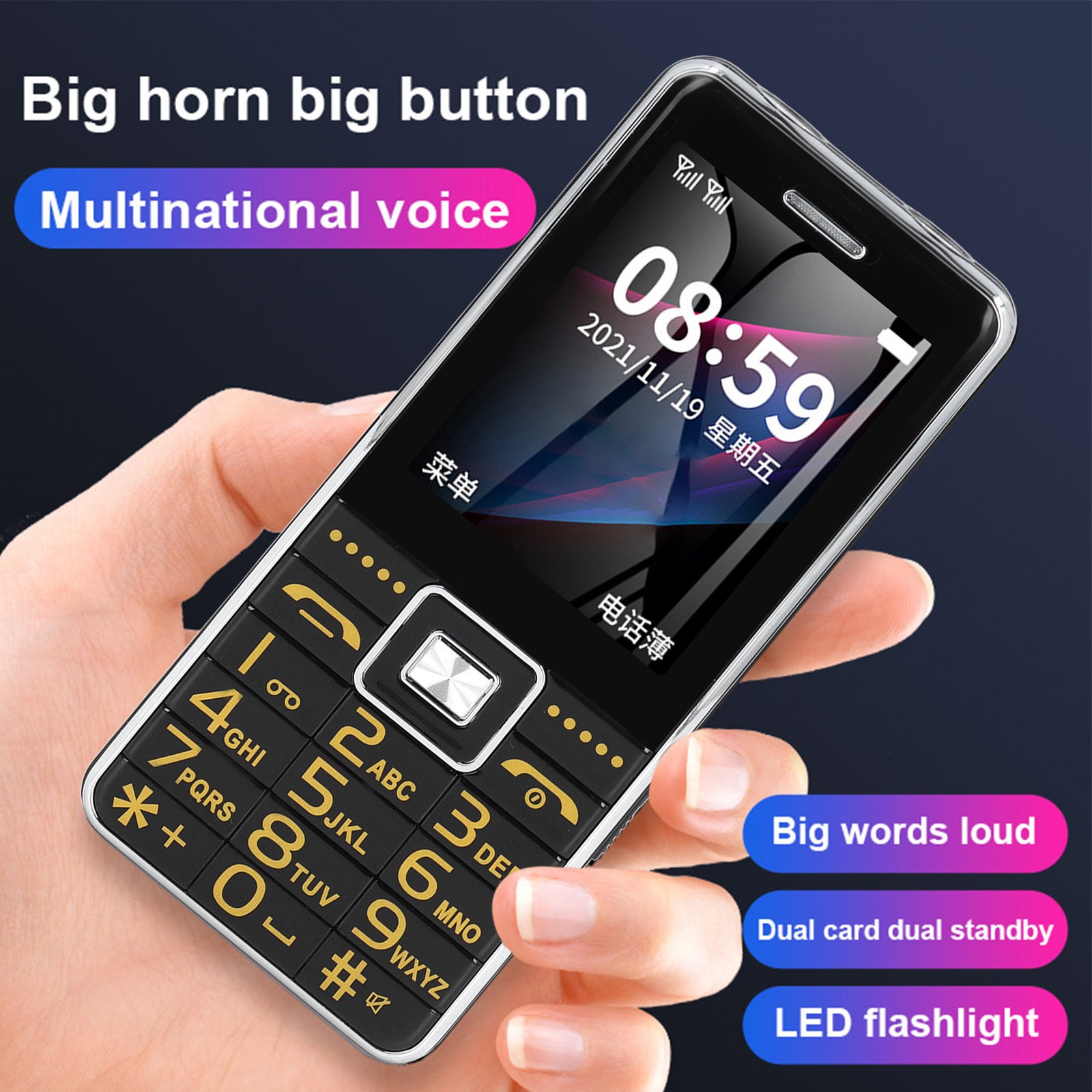 Big Button Cell Phone 2.4in Screen GSM Network 3 Card Slot Video Blutooth FM