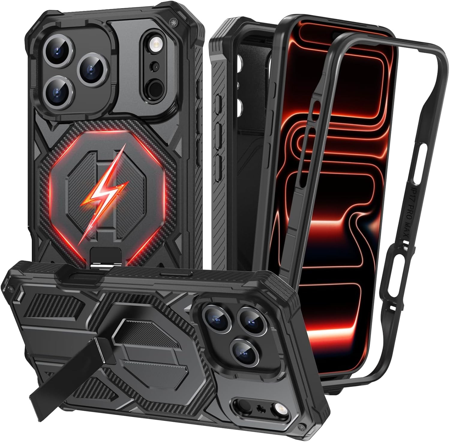 iPhone-17-Pro-Max Case, Metal Kickstand, Military-Grade Heavy Duty Protection Fu