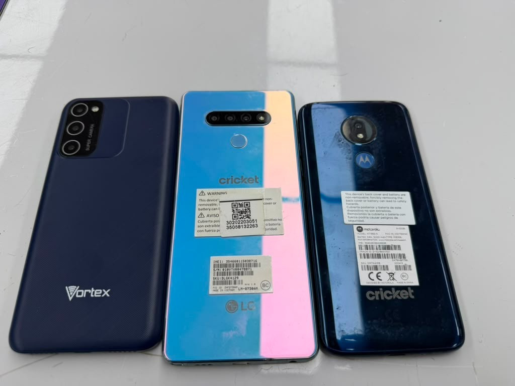 Lot Of 3 PHONES VORTEX CM62,LGH STYLO 6,MOTO G7 POWER