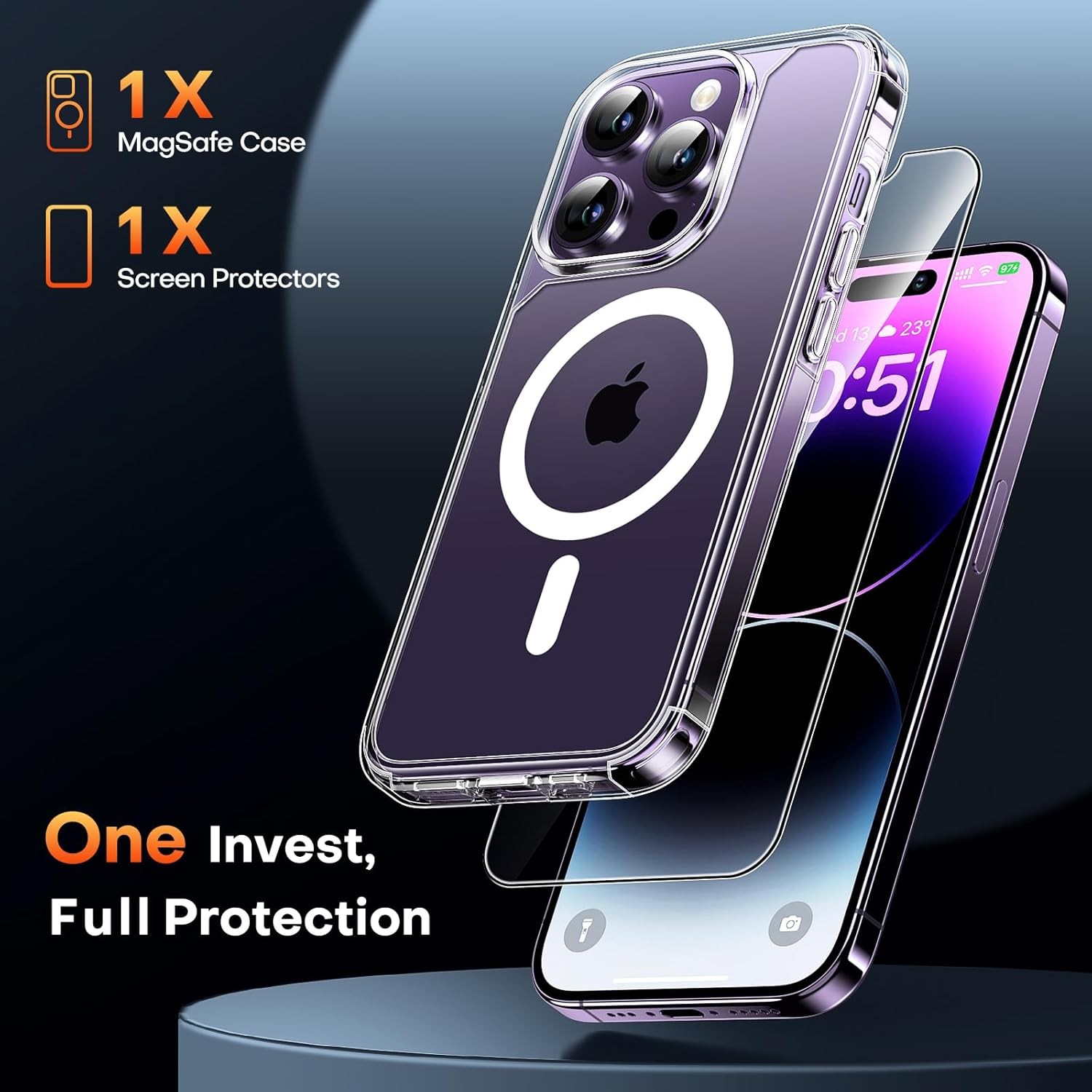 2 in 1 Magnetic Clear Case for iPhone 14 Pro with Screen Protector, Slim Design