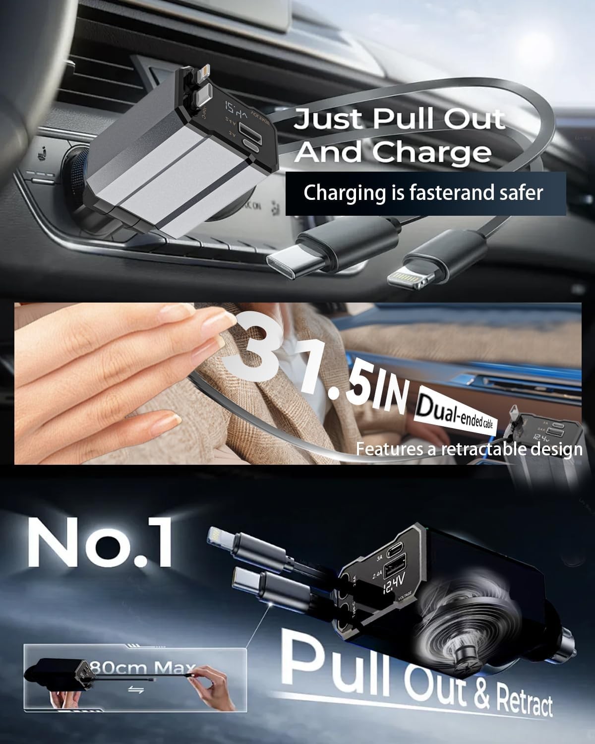 4 in 1 Fast USB-C Car Charger for iPhone 16 15 14 13 12, Samsung