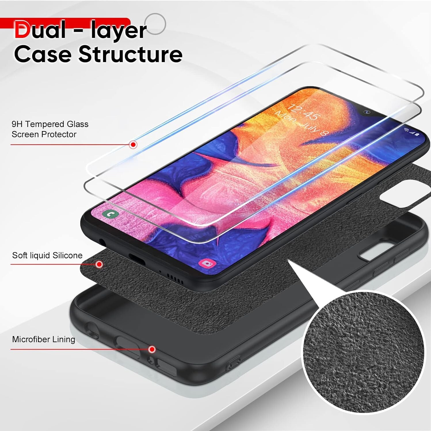 For Galaxy a10e case with tempered glass protector, thin Rubber, Polymer- Black