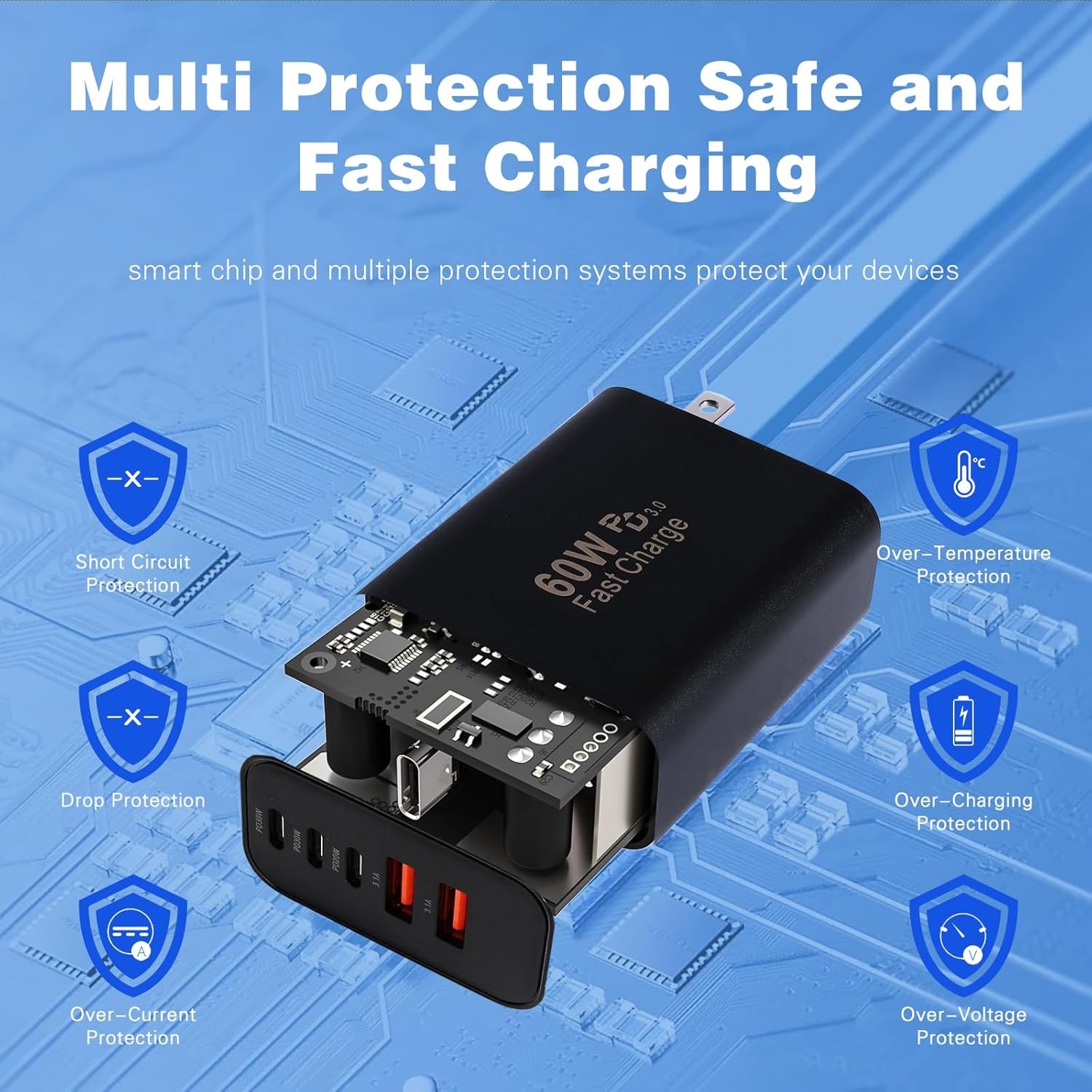 60W USB C Charger Block for iPhone 17 16 15, 2Pack 5-Port USB C Phone Charger